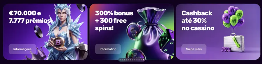 Banners de promoções da MaxWin com torneio de 70.000 euros, 300% de boas-vindas e cashback de até 30%
